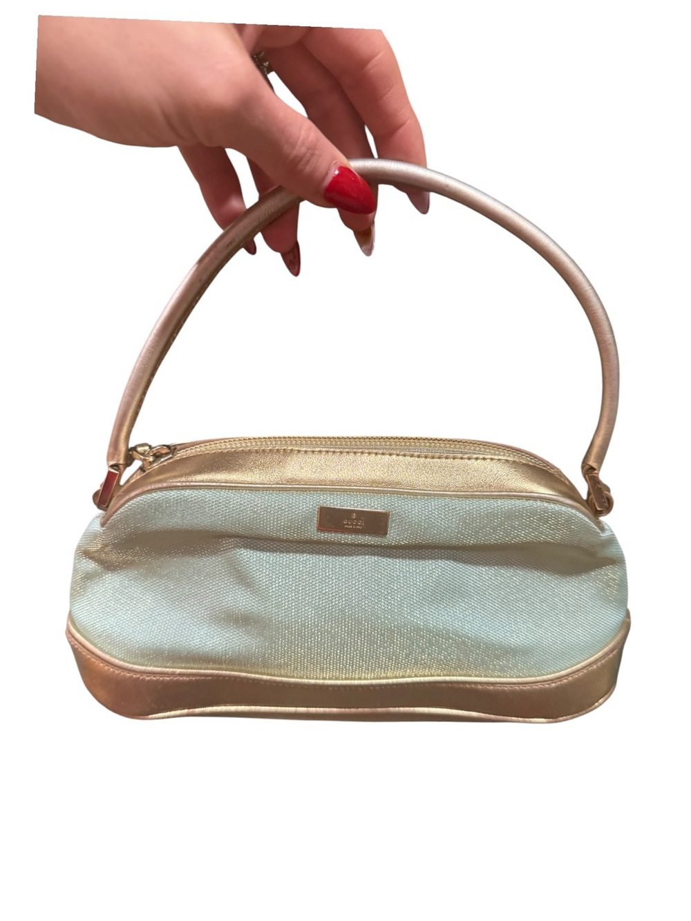 🇺🇸Authentic Gucci Vintage Mini Hobo Bag Aqua & Champagne Metallic Y2K Made Italy - Picture 4 of 10